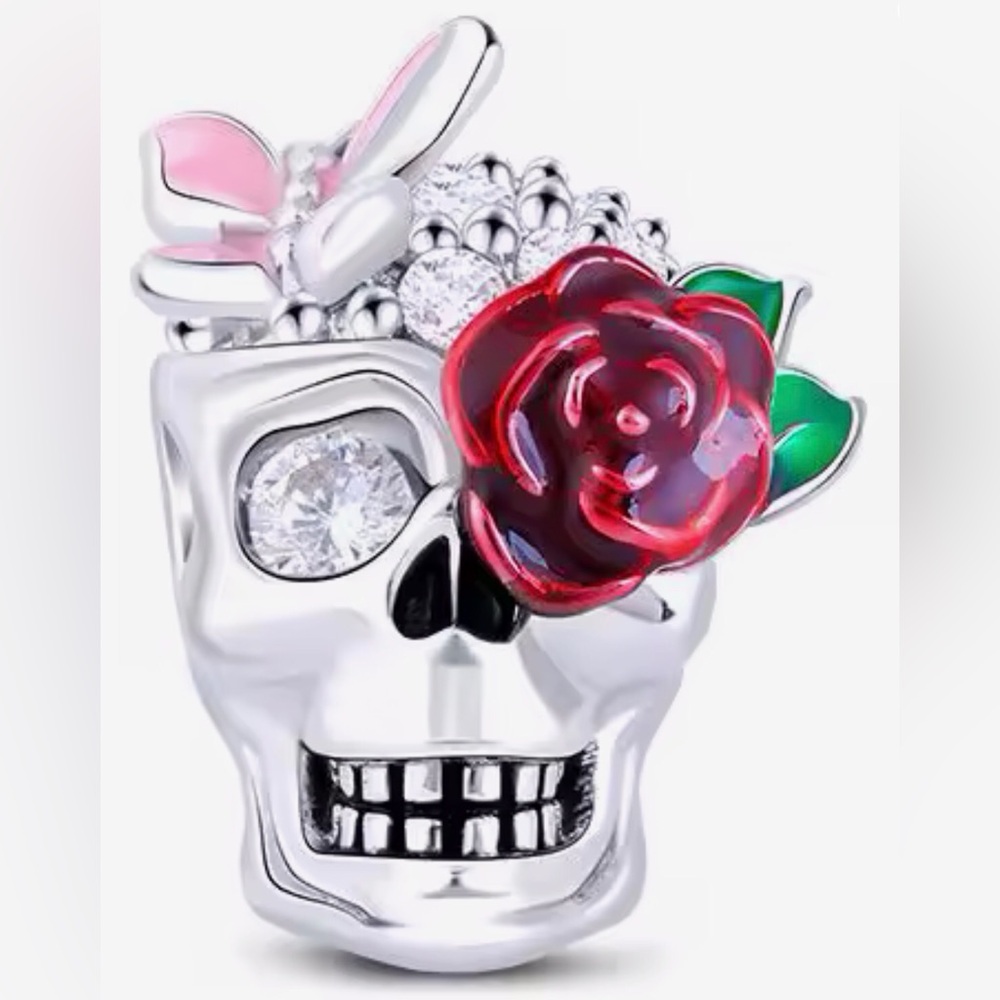 Bracelet Charm Skull with Butterfly, Rose & Rhinestones - Picture 2 of 10